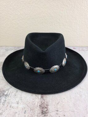Vtg Scala 100% Wool Felt Western Hat Black Silver Conchos Turquoise Accents Boho